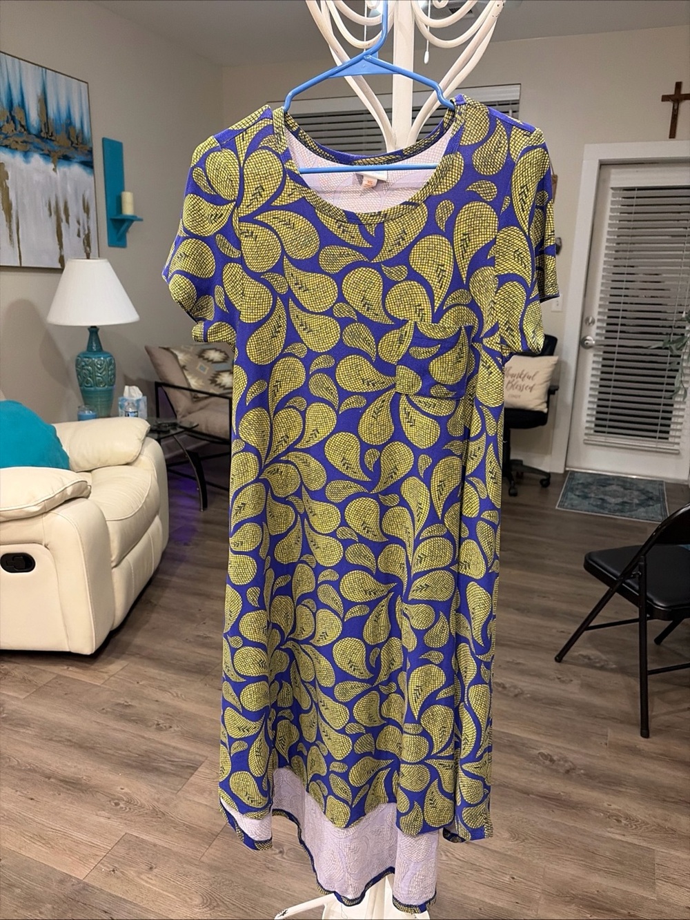 LuLaRoe Blue Dress with Lime Leaf Print High-Low Hem Size XS
